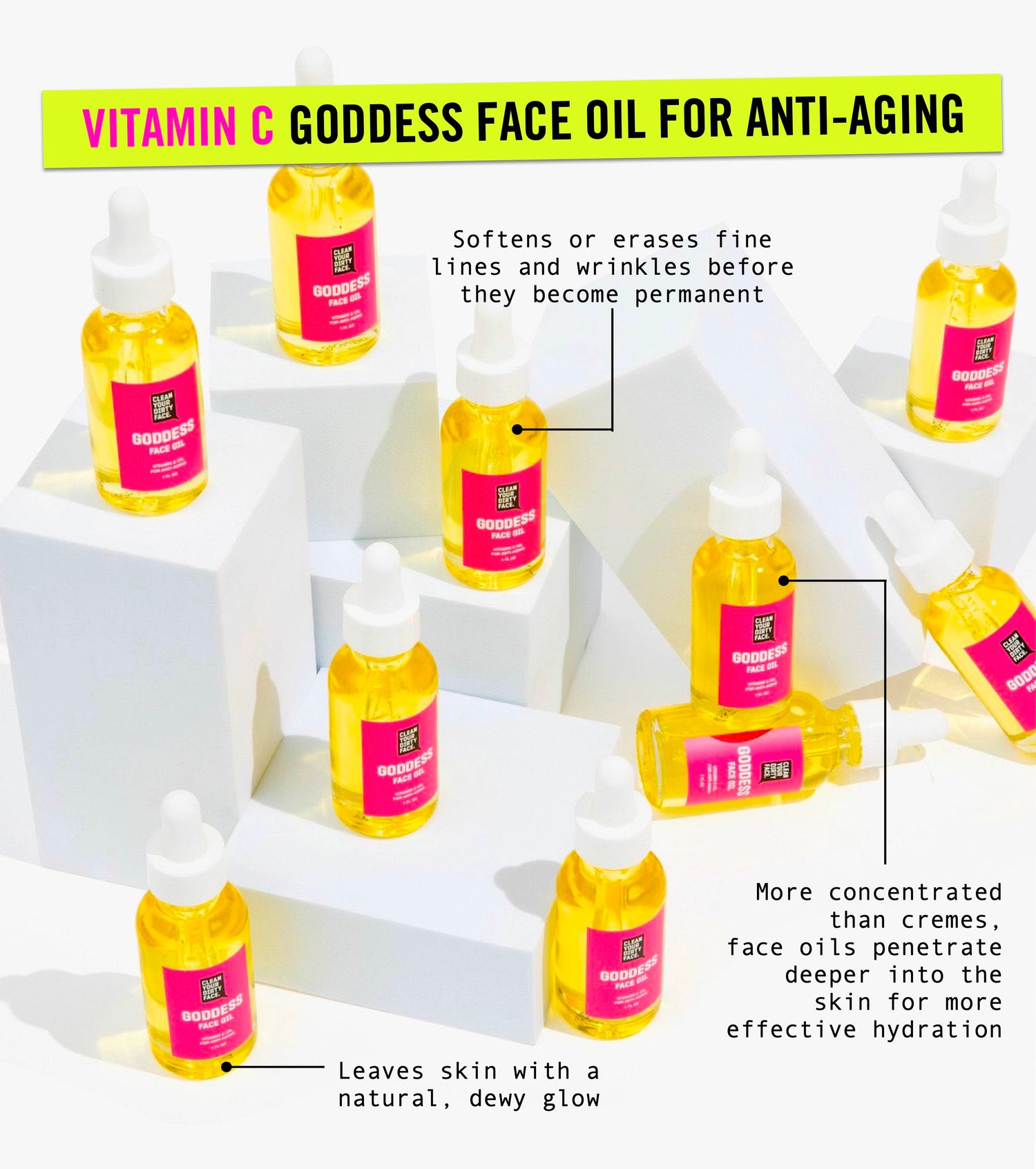 Vitamin C face oil bottles with promotional text on a white background