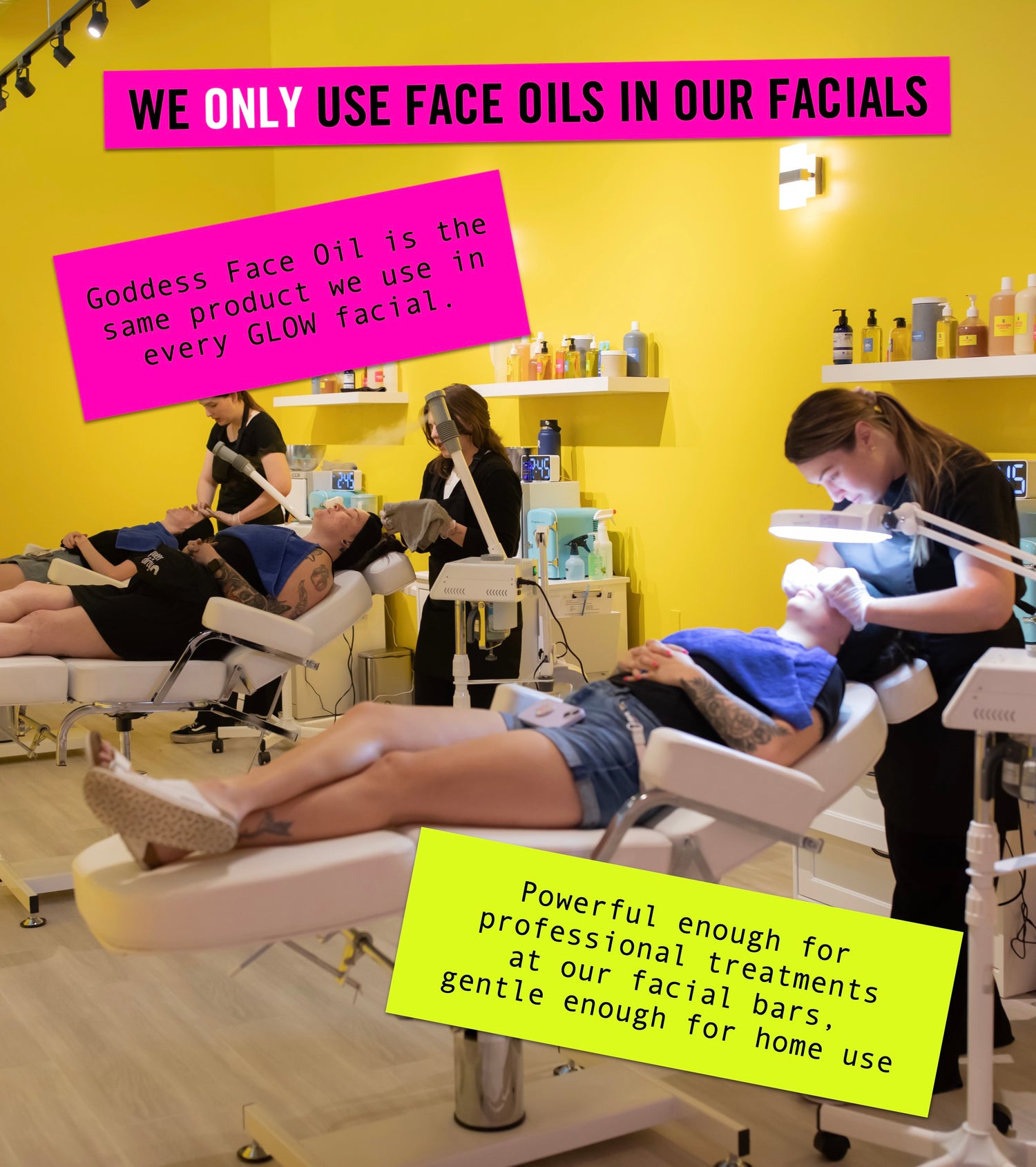 Facial treatment room with people receiving facials, featuring text about face oils.