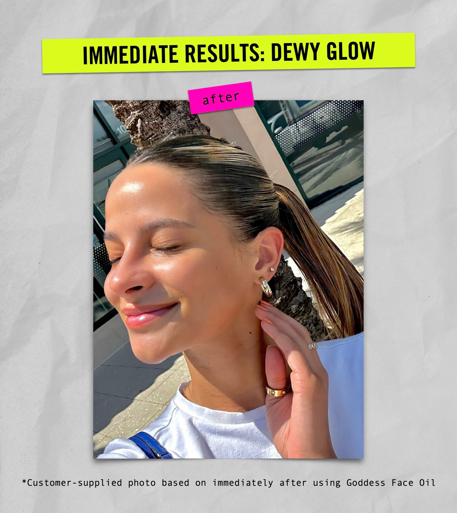Woman after using Goddess Face Oil, with text indicating 'Immediate Results: Dewy Glow'.