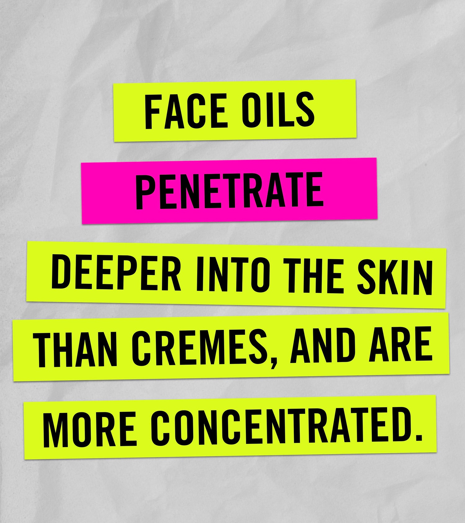 Text on a gray background about face oils penetrating the skin deeper than creams.